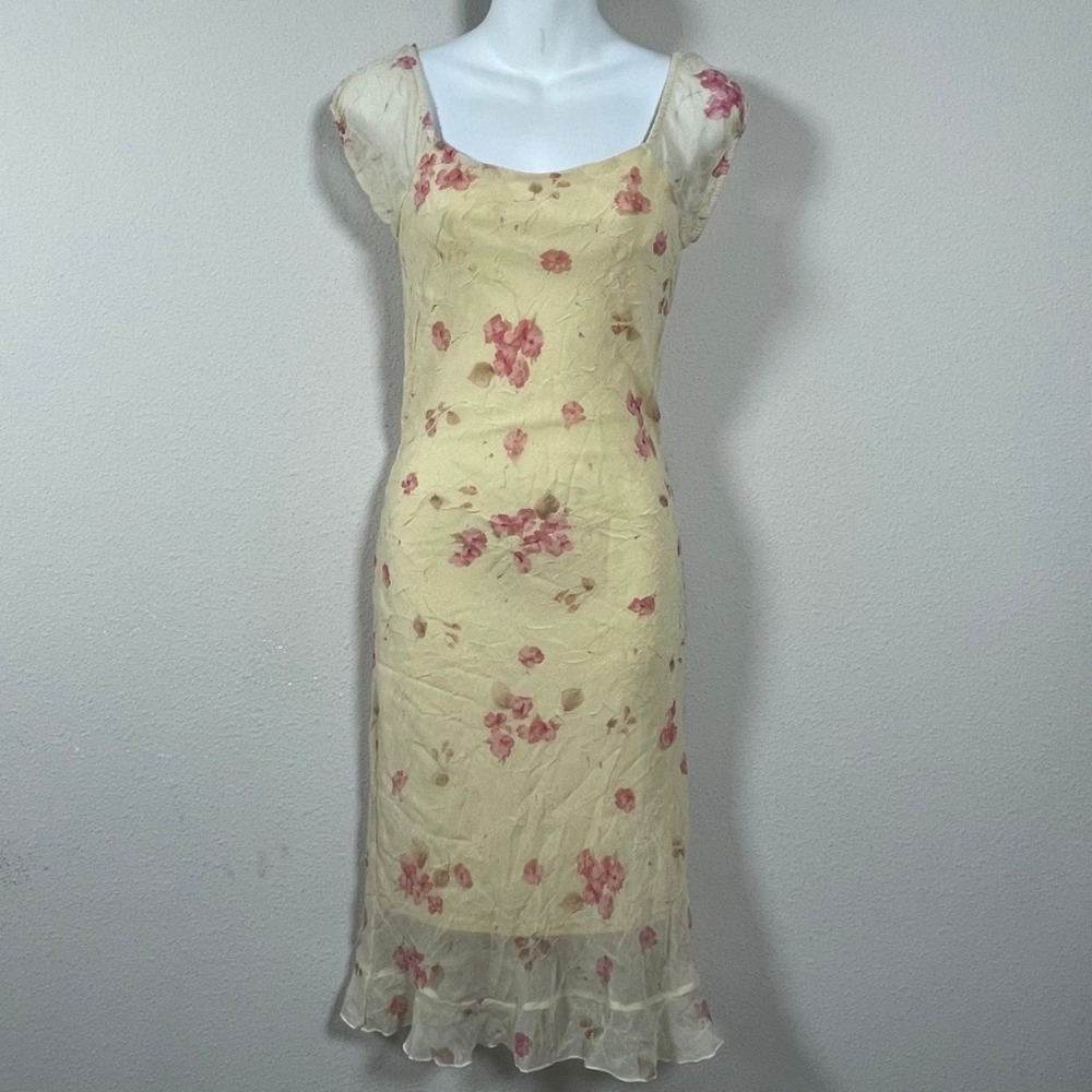 Byer Too! Floral Chiffon Midi Dress Womens 3 Yellow Pink Vintage 90s Babydoll